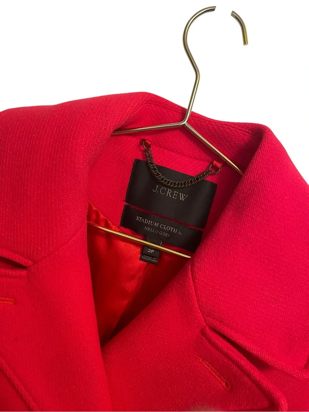 J.Crew Red Stadium Cloth Wool Blend Pea Coat Gold Crest Buttons 2P Petite - Picture 3 of 7